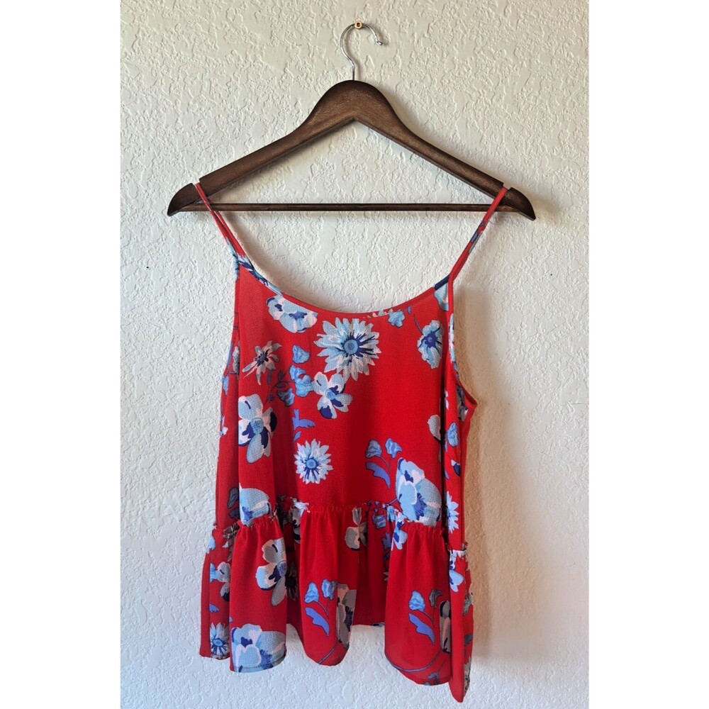 Mud Pie Thin Strap Red Blouse With Blue Floral Pattern Womens Medium